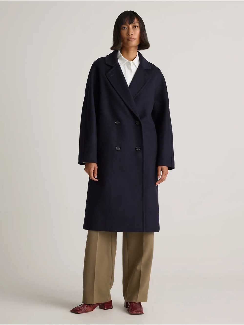 Quince Double Breasted Italian Wool Slouch Coat in Cadet Blue Navy Size L